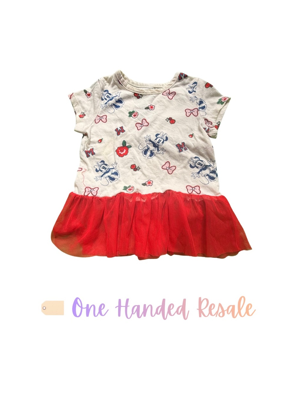 🌹 Disney Minnie Mouse White Bow Floral University Print Kids Red Tulle Skirt 3T